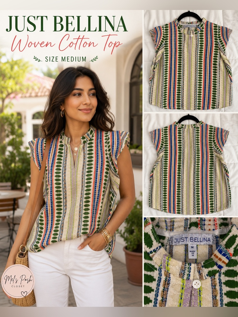 just be / Just Bellina Multicolor Striped Woven Cotton Top - Green, Blue, Orange